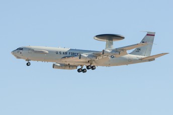 A Boeing E-3C Sentry from the 552d Air Control Wing (552 ACW) arrives to Nellis AFB to be displayed at Aviation Nation 2014