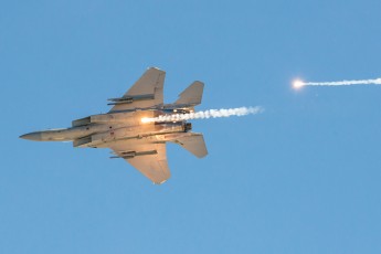 An McDonnell Douglas F-15 popping flares during the Air to Ground Demonstration at Aviation Nation 2014