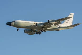 A Boeing TC-135S Cobra Ball (trainer) from the 45th Reconnaissance Squadron arrives at Nellis AFB to be displayed at Aviation Nation 2014