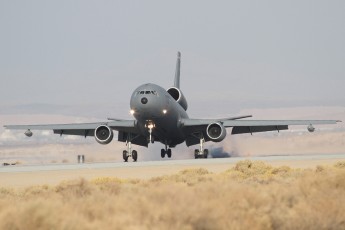 A KC-10 touches down on the long (15,000 ft) runway at Edwards