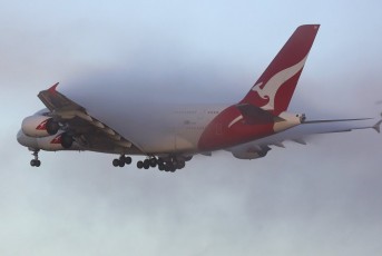 Airbus A380-842 s/n 50 (2009) Qantas (Australia) VH-OQH (Emerging from dense fog bank) Short final @ Los Angeles International Airport (KLAX), CA