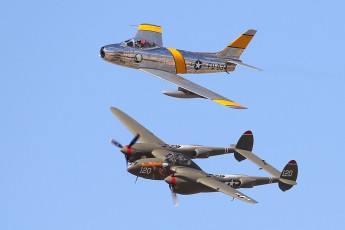 Lockheed P-38L Lightning "Thoughts of Midnite", North American F-86F Sabre "Jolley Roger" @ 2015 Heritage Flight Conference, Davis-Monthan AFB, Tucson, AZ