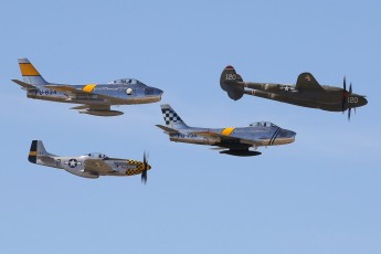 Lockheed P-38L Lightning "Thoughts of Midnite", North American F-86F Sabre "Jolley Roger", Canadair F-86E Mk.6 Sabre "Hell-Er Bust",  North American P51D Mustang "Double Trouble Two" @ 2015 Heritage Flight Conference, Davis-Monthan AFB, Tucson, AZ