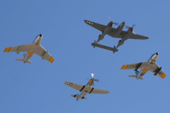 Lockheed P-38L Lightning "Thoughts of Midnite", North American F-86F Sabre "Jolley Roger", Canadair F-86E Mk.6 Sabre "Hell-Er Bust",  North American P51D Mustang "Double Trouble Two" @ 2015 Heritage Flight Conference, Davis-Monthan AFB, Tucson, AZ