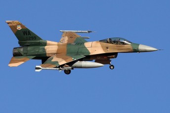 This 64th AGS F-16C Viper, sporting a forest brown camo scheme resembling the Mig-23, returns from a Red Air mission.