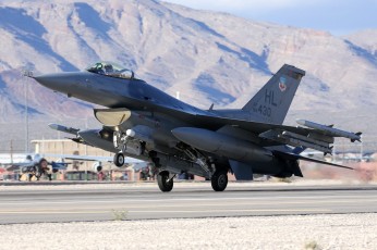 A Block 40 F-16 Fighting Falcon from the 421st Fighter Squadron (421 FS) "Black Widows" recovers from a Red Flag sortie.  