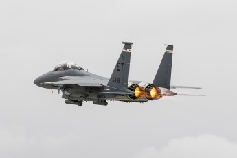 Eglin F-15E launches into gray skies at Edwards AFB.