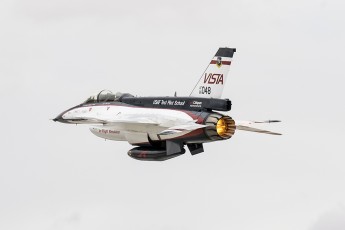 The flagship of the US Test Pilot School, the F-16 VISTA (Variable Stability In-Flight Simulator Test Aircraft) takes to the air. The VISTA can be programmed from the back seat to fly like an F-16, a delta wing aircraft, even a cargo plane, making it a tremendous tool for educating test pilots.