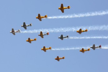 TEXAN FLYPAST: Four Harvards from the Canadian Harvard Aircraft Association flying a 12 ship tribute to the venerable North American T-6 Texan @ Thunder over Michigan, Detroit Willow Run Airport (KYIP), MI