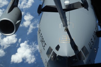 C-17 connected to the KC-10 tanker for aerial refueling practice