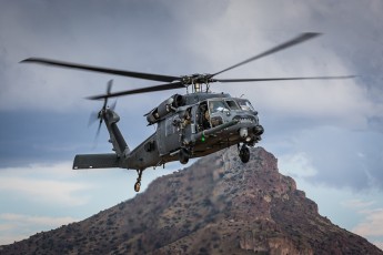 A USAF Sikorsky HH-60G Pave Hawk prepares to land during a rescue mission at the PTRC