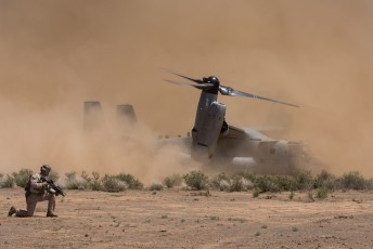 "Kickin' up the Dust" - A MV-22B Osprey from Marine Medium Tiltrotor Squadron 268 (VMM-268) "Red Dragons"  lands during a rescue mission as part of Angel Thunder 2015