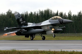 18th Aggressor Squadron (AGRS) F-16D Viper, with Arctic Camo, launching for a Red Air mission at Eielson AFB