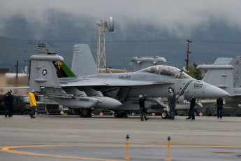 Boeing EA-18G Growler (Color Bird)of US VAQ-209 "Star Warriors", COMTACSUPWING returning from a Blue Air mission to the flight line at Eielson AFB.