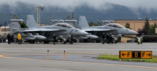 Boeing EA-18G Growlers of US VAQ-209 "Star Warriors", COMTACSUPWING returning from a Blue Air mission to the flight line at Eielson AFB.