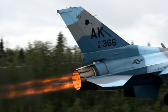 18th Aggressor Squadron (AGRS) F-16D Viper, with Russian-style Camo, launching on a Red Air mission at Eielson AFB