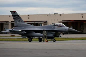 Pre-flight inspection for a F-16C Viper of the 36th FS "Flying Fiends" at Eielson AFB