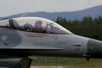 A "high sign" from the Blue Air F-16C Viper pilot of the 36th FS "Flying Fiends" as he readies to launch at Eielson AFB