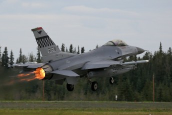 Blue Air F-16C Viper from the USAF 36th FS "Flying Fiends" launches on a  Red Flag-Alaska mission at Eielson AFB