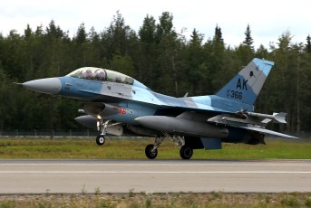 18th Aggressor Squadron (AGRS) F-16D Viper, with Russian-style Camo, returning from Red Air mission at Eielson AFB