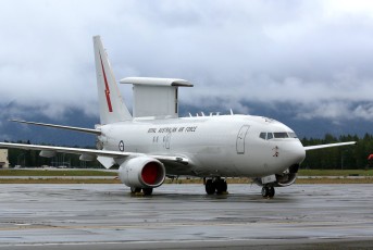 This Boeing E-7A Wedgetail (AEWC) from 2Sqn RAAF Base Williamtown, Australia waits on the flight line for its next Red Flag mission.