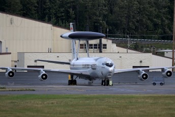 This USAF Boeing E-3 Sentry (AWACS) from the 961st AACS/ZZ Kadena AB, Japan is parked in the flight line at JBER, AK
