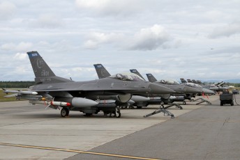 General Dynamics F-16C Vipers from the 179th FS "Bulldogs", the 36th FS "Flying Fiends" on the flight line at Eielson AFB.