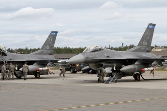 The maintainers from the Minn ANG 179th FS "Bulldogs" prepare their F-16Cs for the next Red Flag mission.