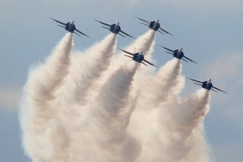 Blue Angel delta formation with smoke  on