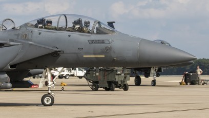 F-15E 4th FW 334 FS starts taxi to EOR prior to launch for training sortie.