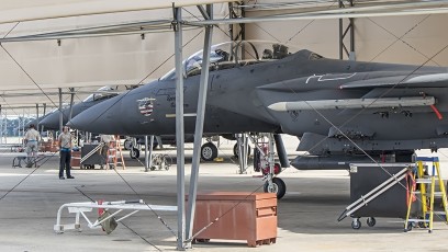 F-15E Strike Eagles from the 4th FW & 335 FS waiting for the go to clear shelters and head to the EOR.