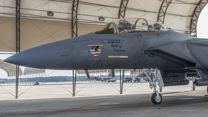 F-15E 4th FW "Wing Jet" Spirit of Goldsboro with 9/11 Tribute waiting "go" for taxi to launch.