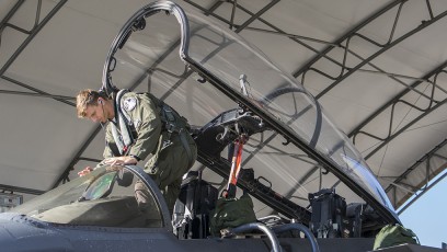 335 FS Pilot climbs into the office - F-15E Strike Eagle
