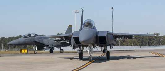 F-15Es of the 336th FS "Rocketeers" pull into the EOR.