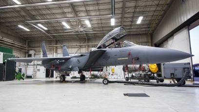 F-15E of the 335th FS in the midst of an engine change.