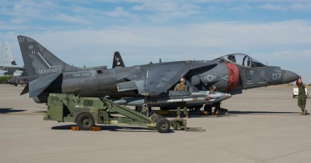 A USMC ground crew preps an AV-8B Harrier II for a WTI 1-16 sortie 