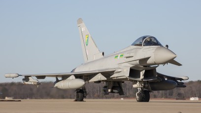 RAF 3 Sqn EU Typhoon FGR4 readies for launch during the TriLateral Exercise at JBLE.