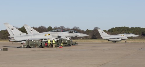 RAF 11 Sq EU Typhoon FGR4taxis to launch during the TriLateral Exercise at JBLE.