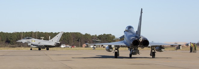 RAF EU Typhoons taxis to launch during the TriLateral Exercise at JBLE.