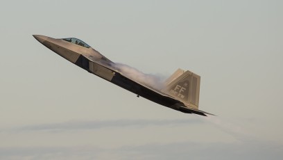 F-22A Performs demo at TriLateral Exercise Media day, Raptor marking indicates it is associated with the 192d FW, a Virgina ANG unit integrated with the 1 FW.