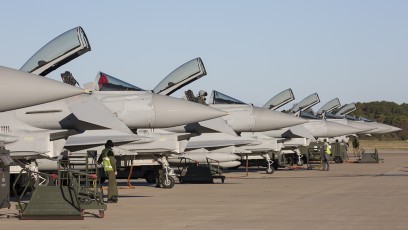 RAF 3 & 11 SQN Typhoon line firing up at the inaugural TriLateral Exercise at JBLE.