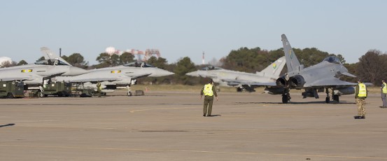 RAF 3 Sqn EU Typhoon FGR4s taxi to launch during the TriLateral Exercise at JBLE.