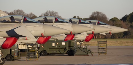 RAF 3 & 11 SQN Typhoon line in morning light at the inaugural TriLateral Exercise at JBLE.