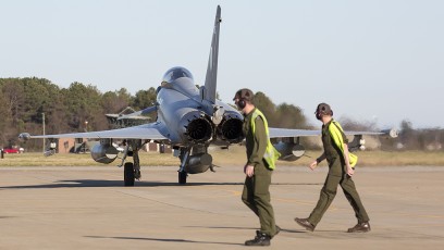 RAF EU Typhoon taxis to launch during the TriLateral Exercise at JBLE.