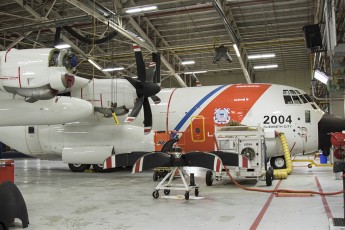 USCG HC-130J undergoing maintenance in Hangar at Air Station Elizabeth City, NC