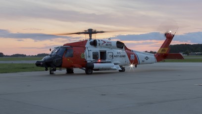 MH-60T of U.S. Coast Guard Air Station Elizabeth City sunset launch.