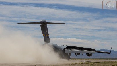 Air Mobility Command C-17A of the 437th Airlift Wing, Charleston, SC lands at Keno Airfield on the NTTR during Joint Forcible Entry Exercise (June 2016).