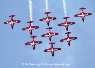 The straight wings of the C-114 Tutors allw the formation to make very tight turns  within the air show box.
