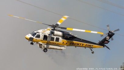 Sikorsky S-70A Firehawk wraps up another water drop on the Azusa Fire on the hills North of Los Angeles June 20, 2016