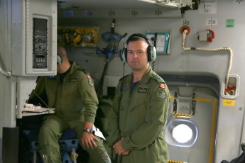 Loadmaster MCpl. Guy Fortier has a work space underneath the flight deck, at the head of the cavernous hold.